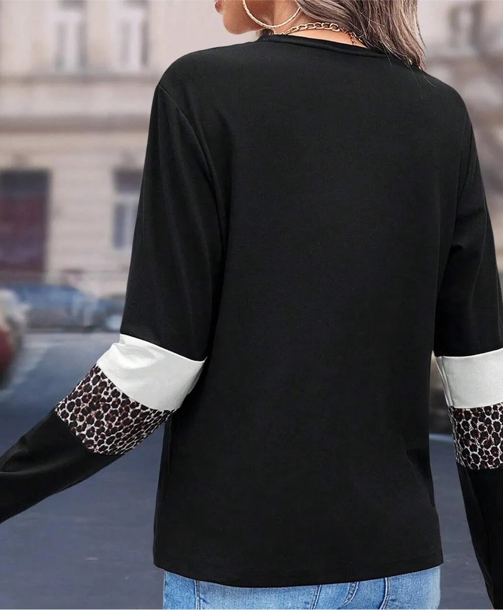 Leopard Round Neck Long Sleeve Blouse
