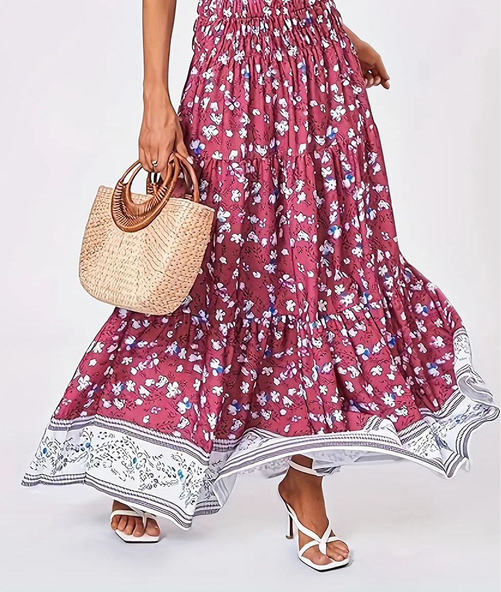 Full Size Tiered Printed Elastic Waist Skirt