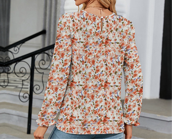 Printed Round Neck Flounce Sleeve Blouse