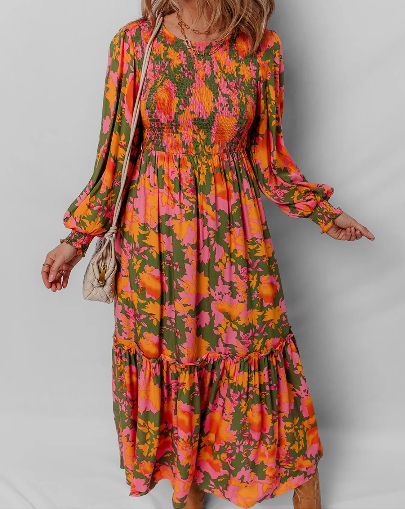 Smocked Floral Print Long Sleeve Maxi Dress