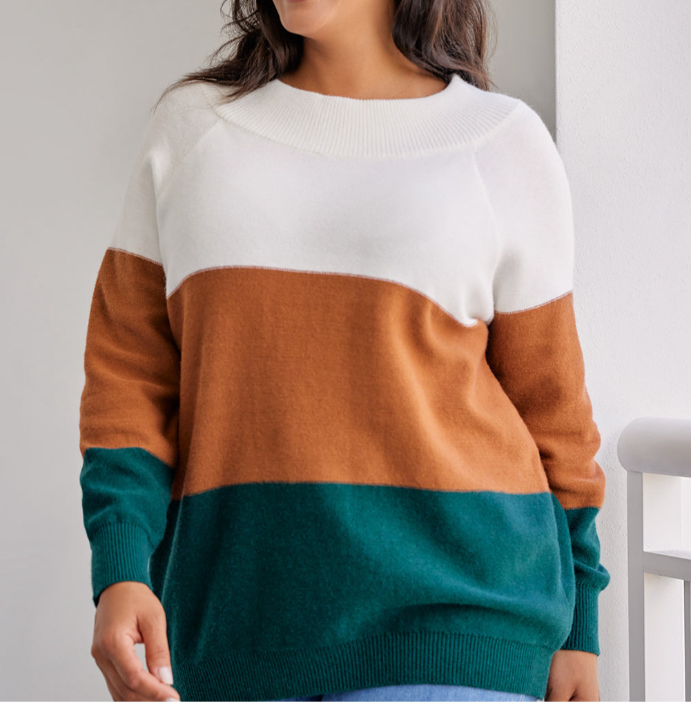 Plus Size Color Block Long Sleeve Sweater