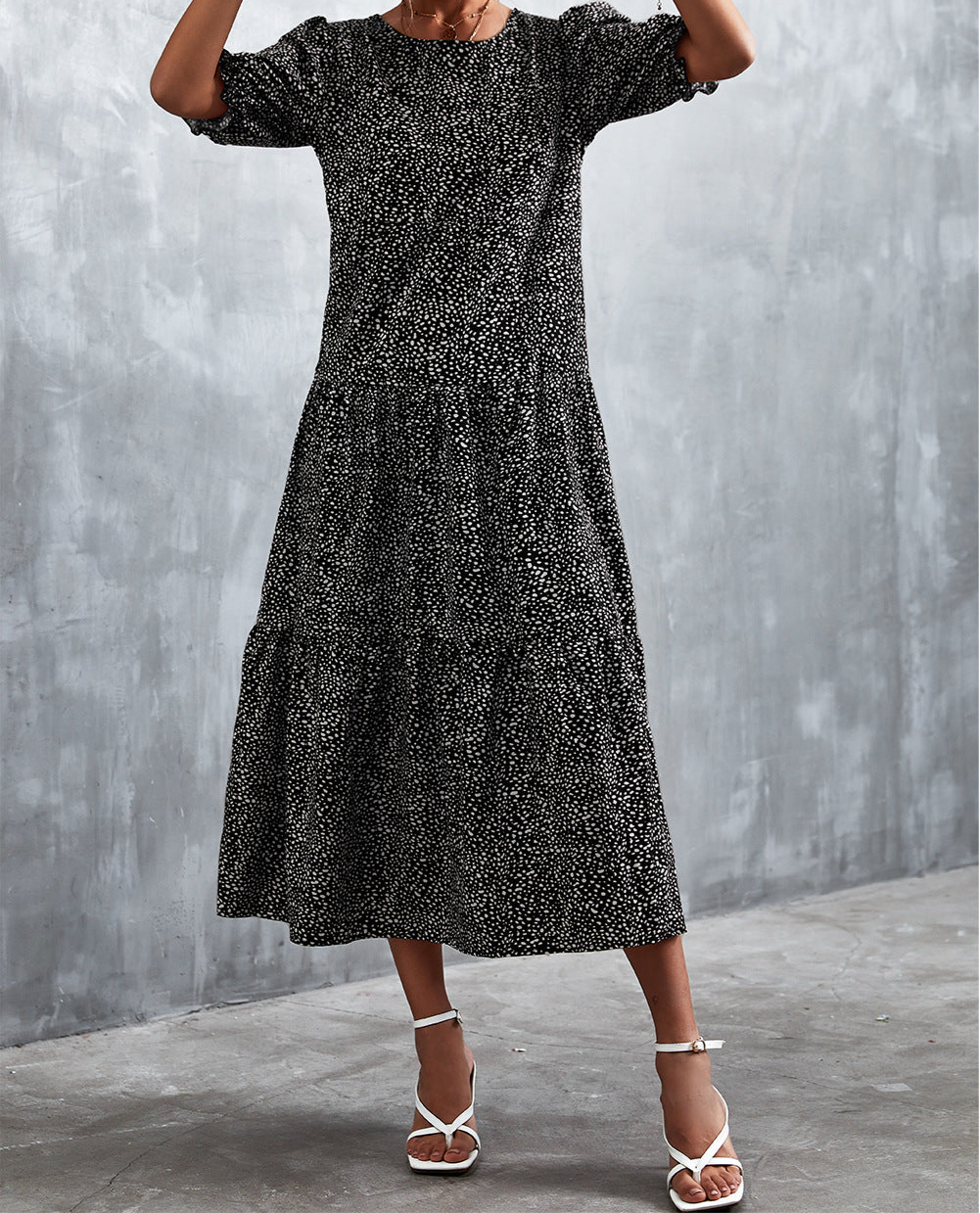 Printed Flounce Sleeve Tiered Dress
