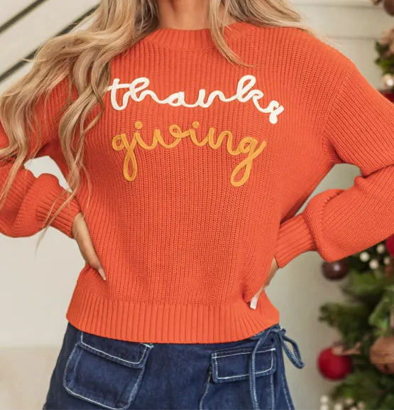 THANKS GIVING Round Neck Long Sleeve Sweater