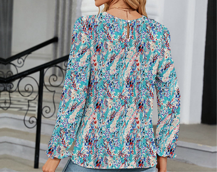 Printed Round Neck Flounce Sleeve Blouse