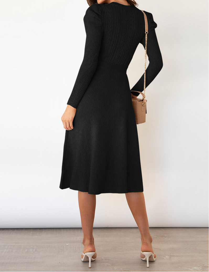 Round Neck Long Sleeve Tie Waist Sweater Dress