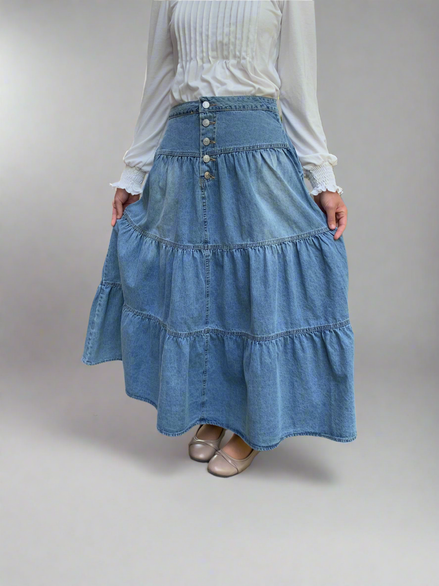 Ruched Button Fly Denim Skirt