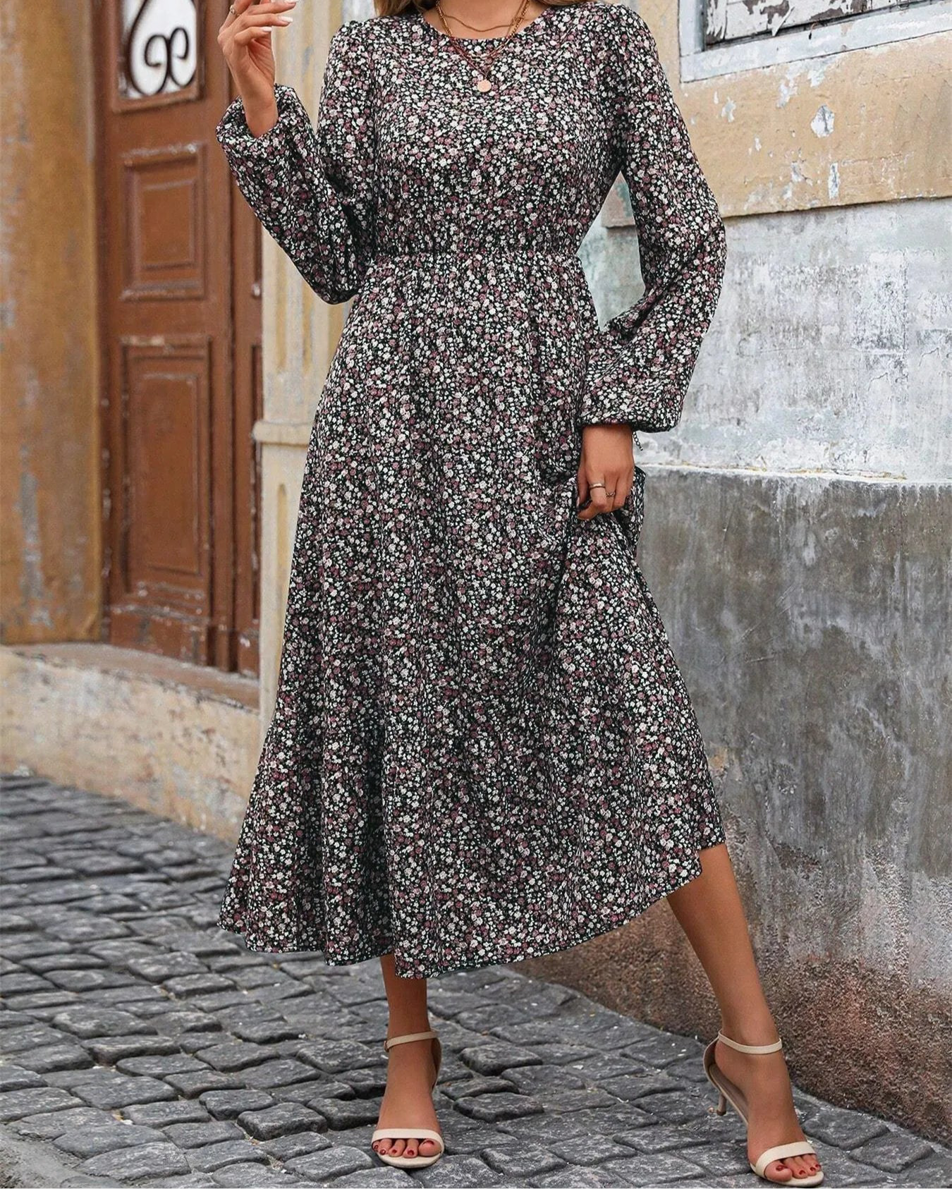 Printed Long Sleeve Midi Dress with Elastic Waist