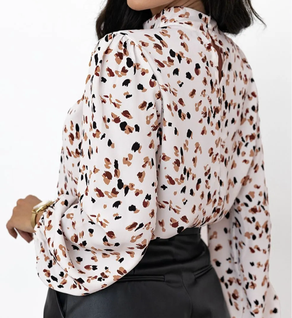 Printed Mock Neck Balloon Sleeve Blouse