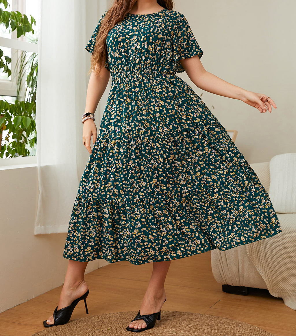 Honey Plus Size Floral Round Neck Short Sleeve Midi Dress