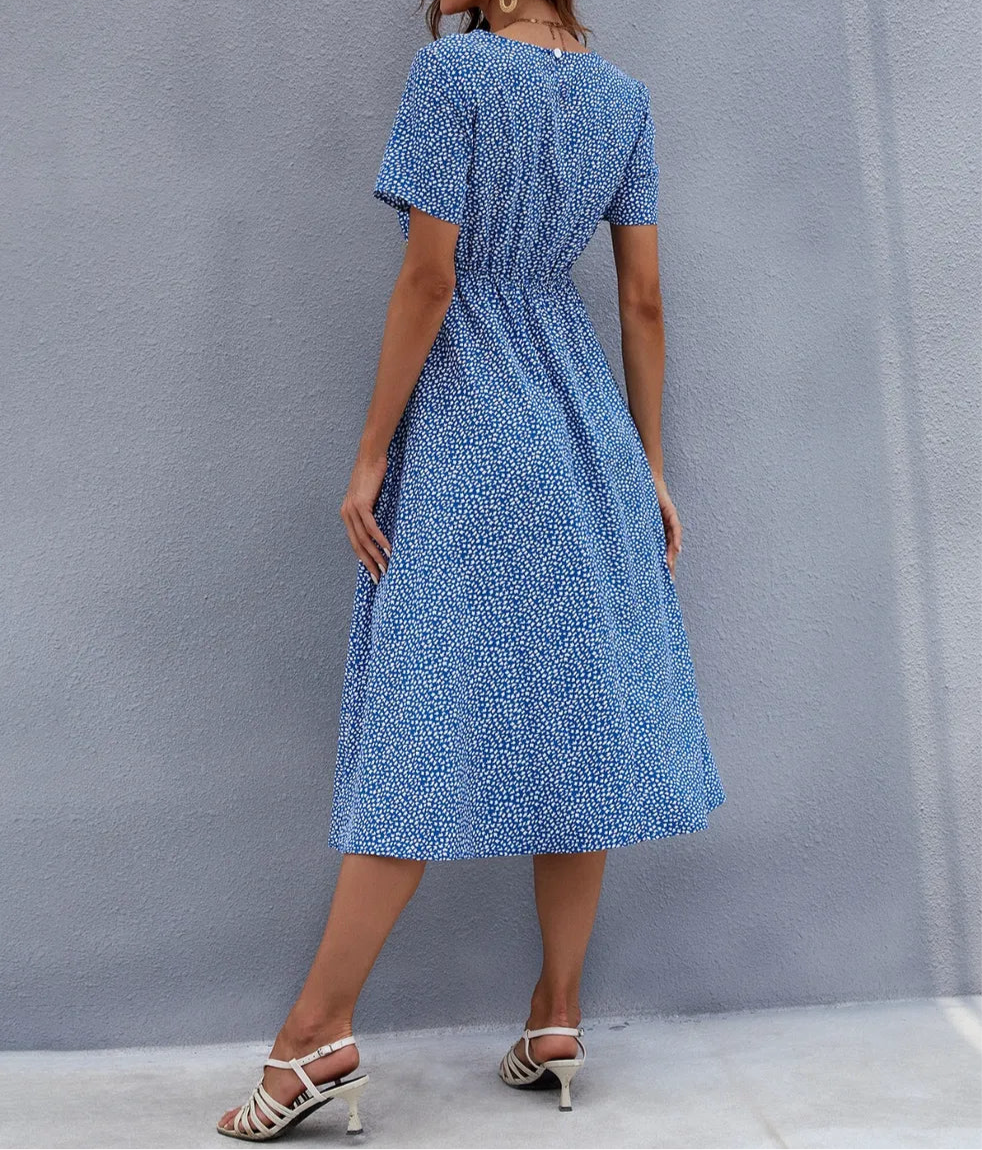 Honey Printed Round Neck Short Sleeve Midi Dress