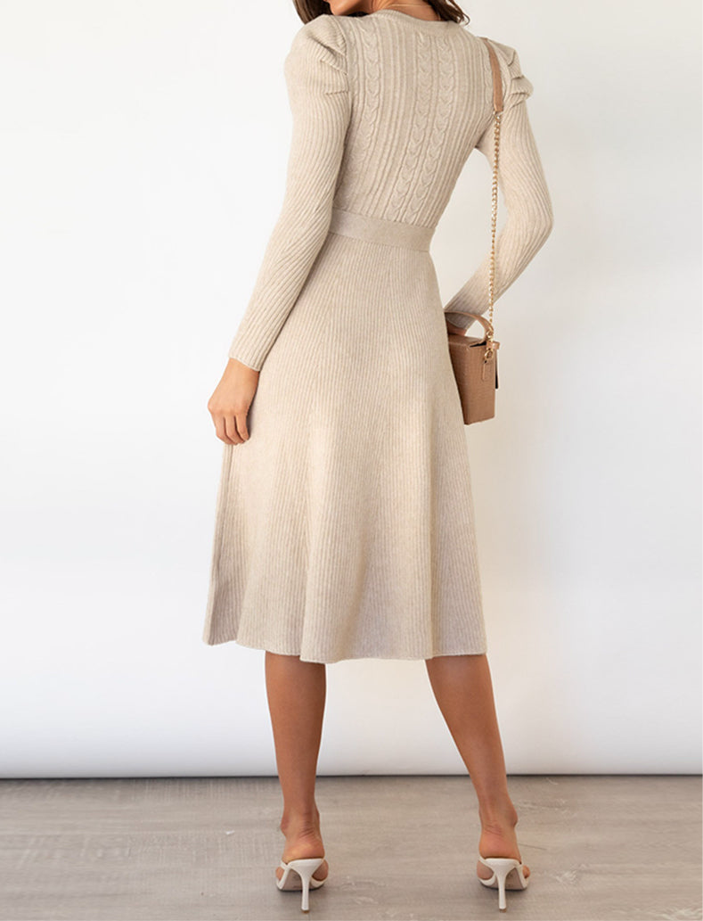 Round Neck Long Sleeve Tie Waist Sweater Dress