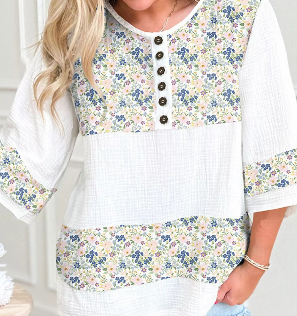 Floral Print Henley Button 3/4 Sleeve Blouse