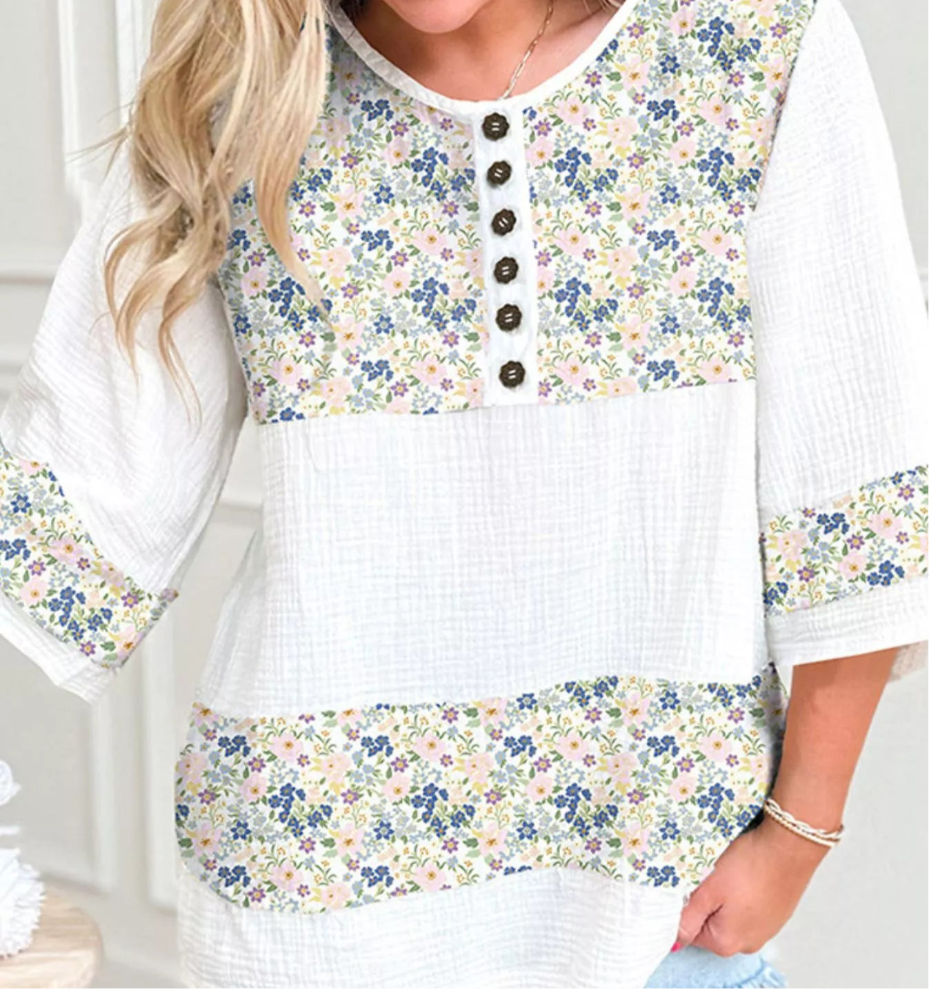 Floral Print Henley Button 3/4 Sleeve Blouse