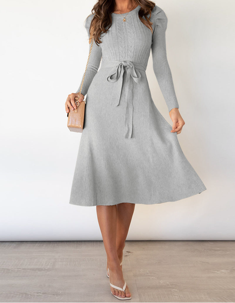 Round Neck Long Sleeve Tie Waist Sweater Dress