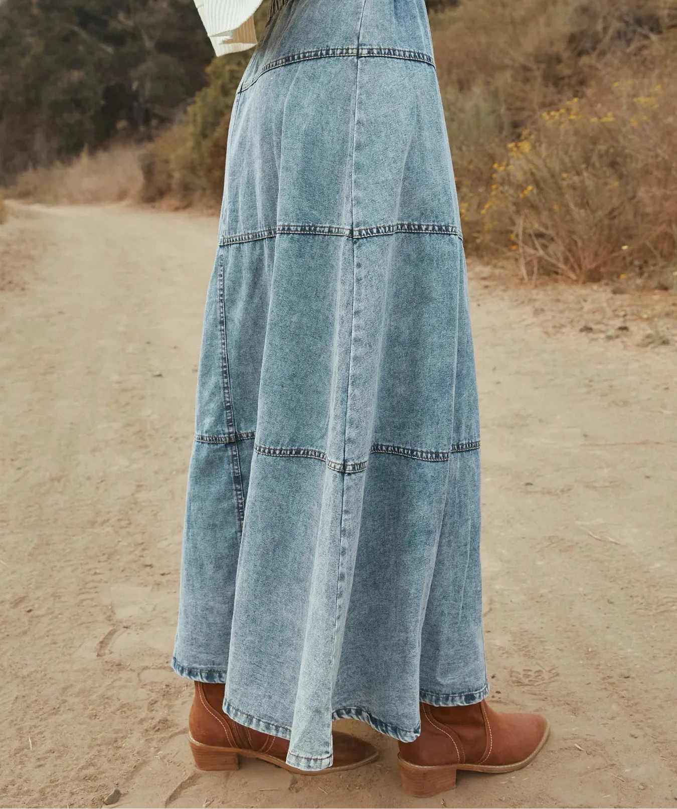 Button-Front Tiered Maxi Denim Skirt