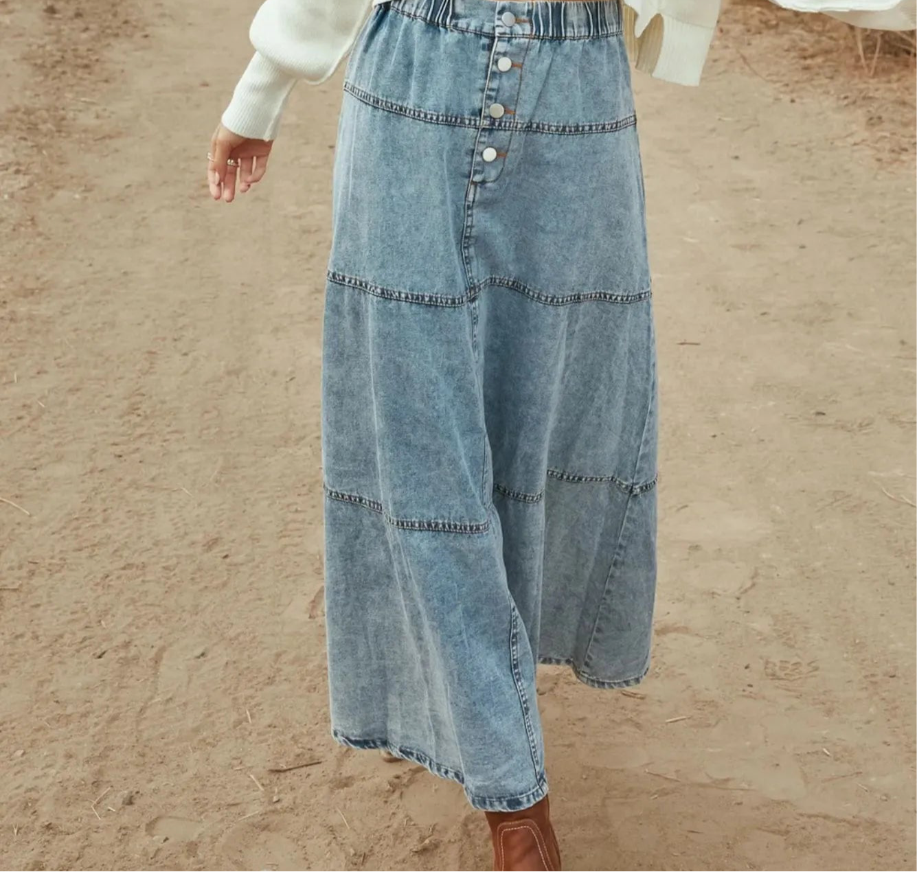 Button-Front Tiered Maxi Denim Skirt