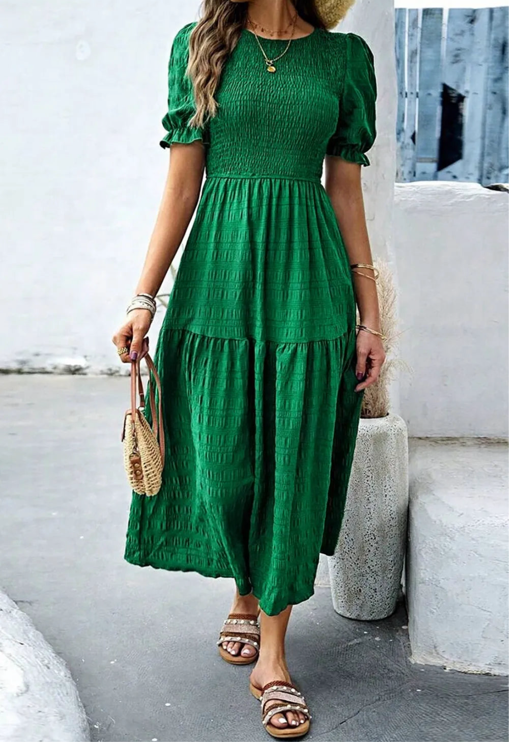 Smocked Puff Sleeve Midi Dress