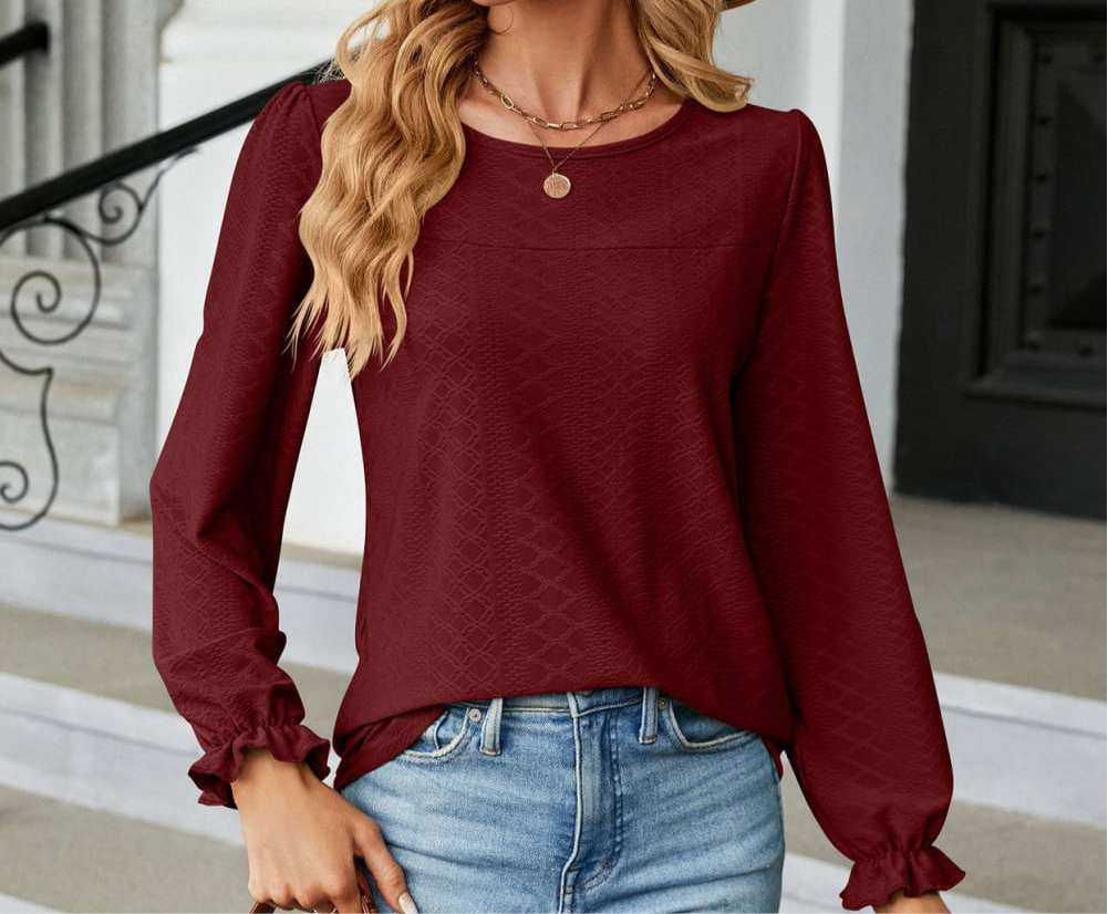 Round Neck Flounce Sleeve Blouse