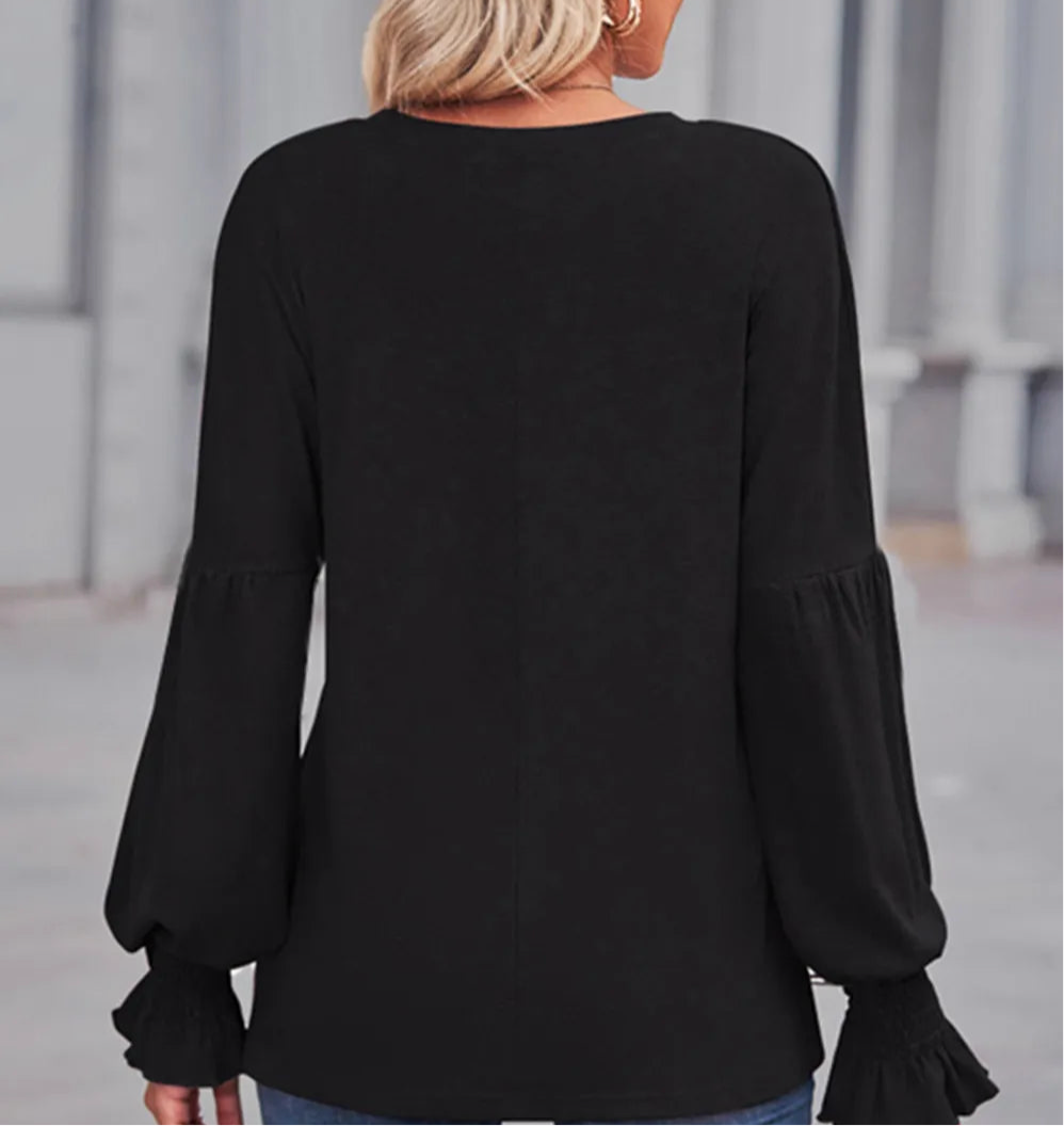 Round Neck Flounce Sleeve Blouse
