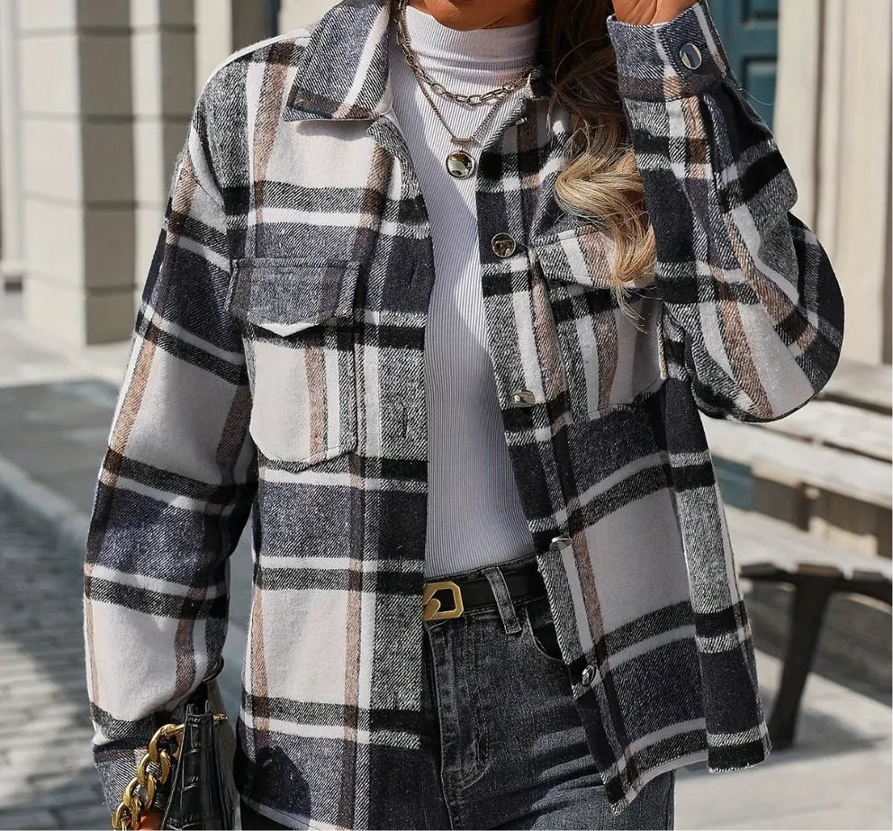 Plaid Button Up Drop Shoulder Jacket