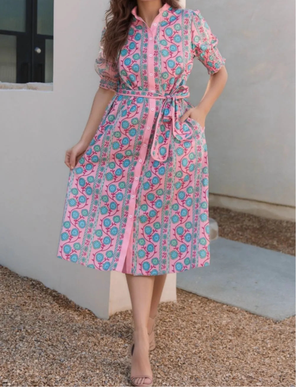 Printed Shirred Sleeve Buttoned Front Midi Dress with Sash