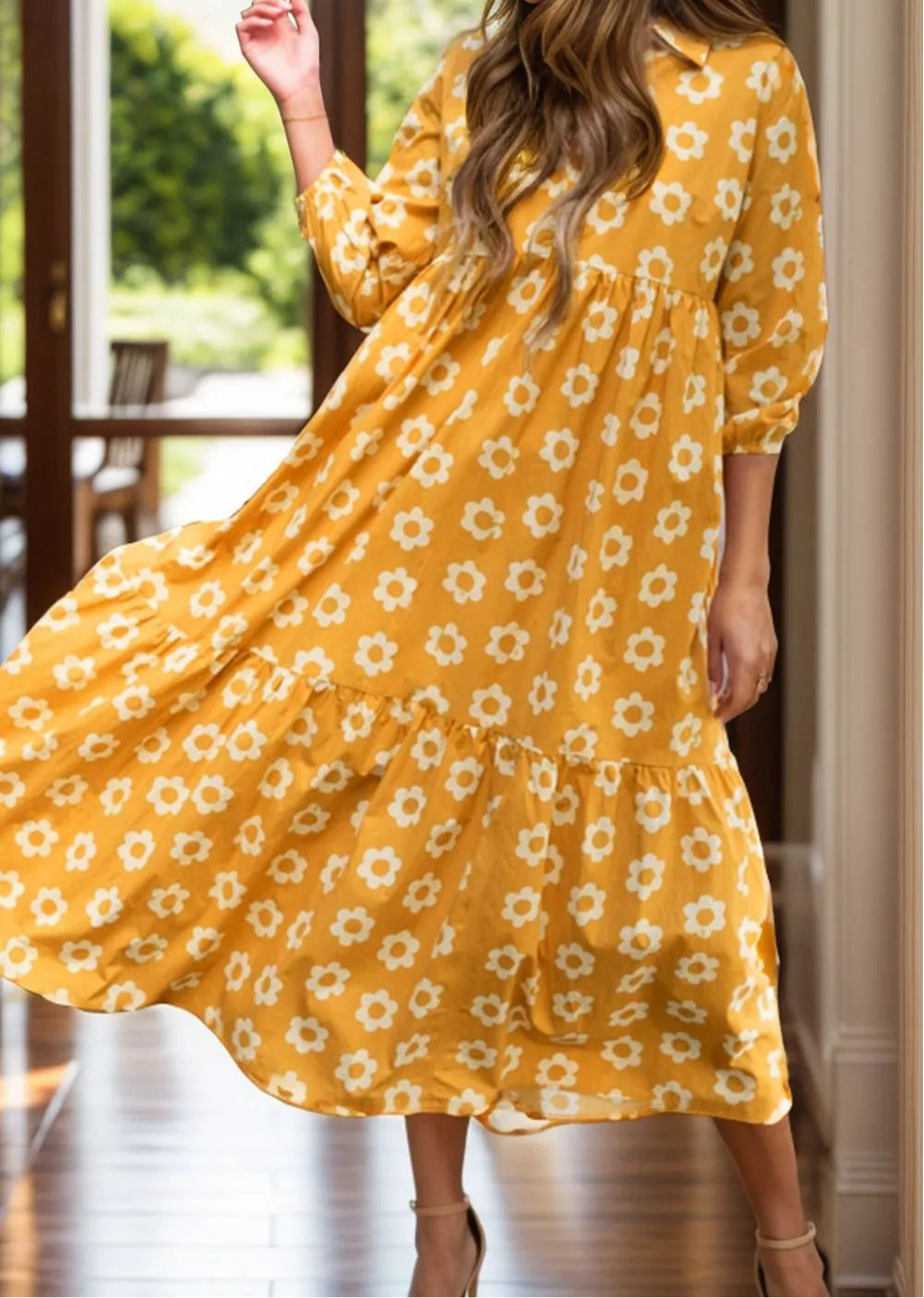 Floral Collared Neck Three-Quarter Sleeve Dress