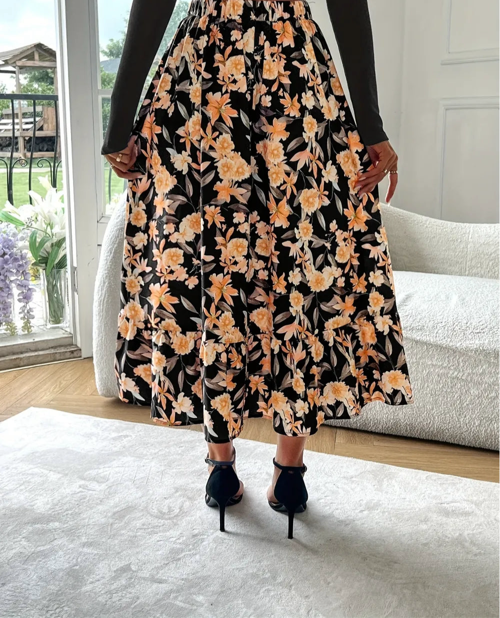 Floral Elastic Waist Midi Skirt