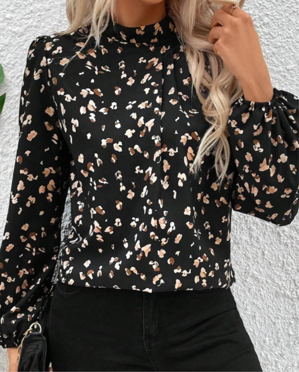 Printed Mock Neck Balloon Sleeve Blouse