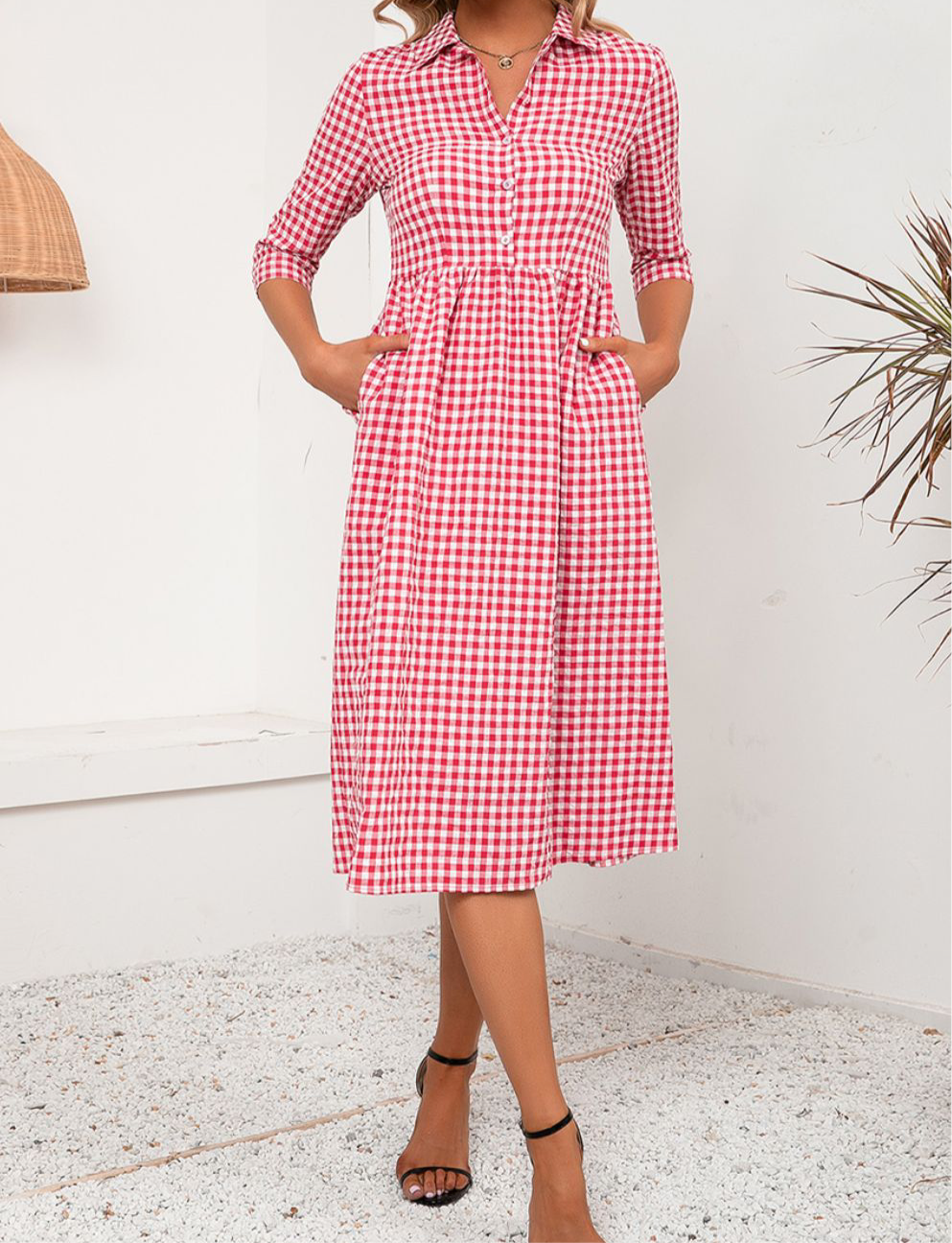 Plaid Collared Neck Midi Dress